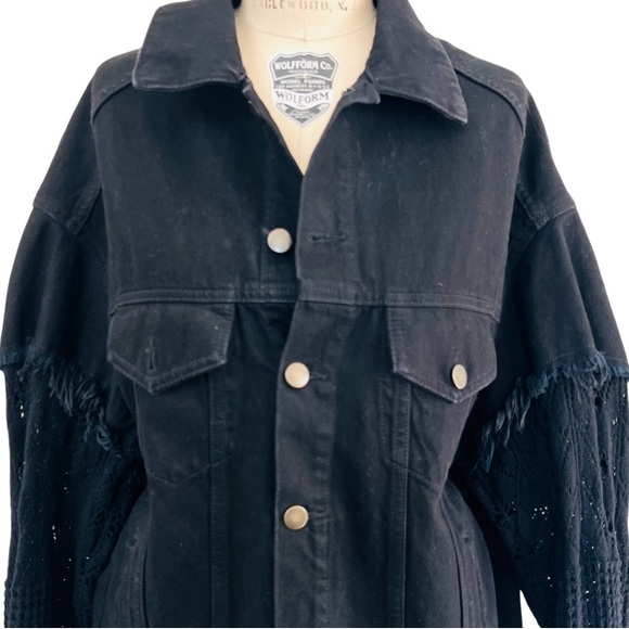 NWOT CIRCUS HOTEL Oversized Denim Jacket Crochet Sleeves in Black Size XS - Picture 10 of 16